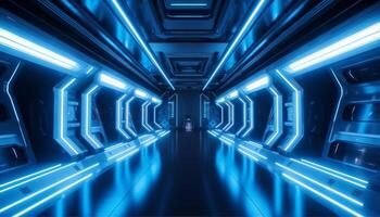 Blue White Led Lights Sci Fi Futuristic Modern Spaceship Dark Tunnel Corridor. photo