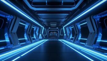 Blue White Led Lights Sci Fi Futuristic Modern Spaceship Dark Tunnel Corridor. photo