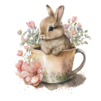 Vintage Bunny Floral Coffee Cup Watercolor Painting Style png