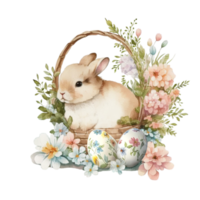 Bunny Floral Easter Basket Watercolor Painting Style png