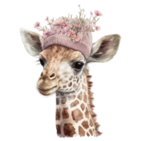 schattig giraffe met bloemen gebreid hoed waterverf schilderij stijl png