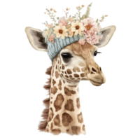 süß Giraffe mit Blumen- gestrickt Hut Aquarell Gemälde Stil png