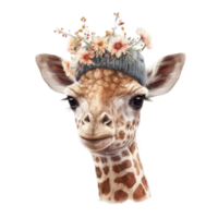 Cute Giraffe With Floral Knitted Hat Watercolor Painting Style png