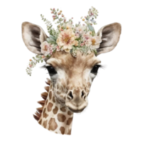schattig giraffe met bloemen gebreid hoed waterverf schilderij stijl png