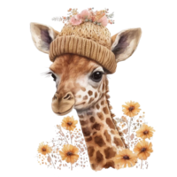 Cute Giraffe With Floral Knitted Hat Watercolor Painting Style png