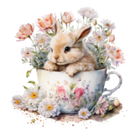 Clásico conejito floral café taza acuarela pintura estilo png