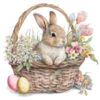 Bunny Floral Easter Basket Watercolor Painting Style png