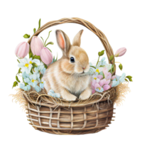 Bunny Floral Easter Basket Watercolor Painting Style png