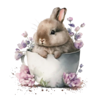 Vintage Bunny Floral Coffee Cup Watercolor Painting Style png
