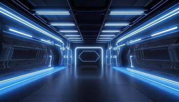 Blue White Led Lights Sci Fi Futuristic Modern Spaceship Dark Tunnel Corridor. photo