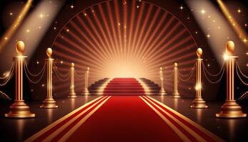 Red Carpet Bollywood Stage. Steps Spot Lights. Golden Royal Awards Graphics Background. photo