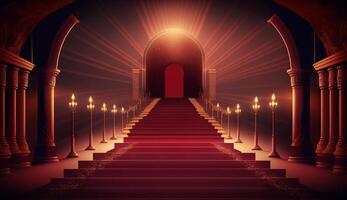 Red Carpet Bollywood Stage. Steps Spot Lights. Golden Royal Awards Graphics Background. photo