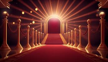 Red Carpet Bollywood Stage. Steps Spot Lights. Golden Royal Awards Graphics Background. photo