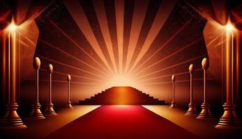 Red Carpet Bollywood Stage. Steps Spot Lights. Golden Royal Awards Graphics Background. photo