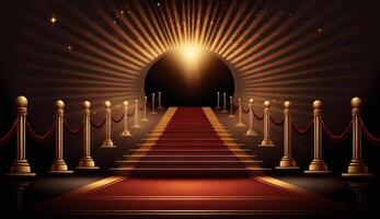 Red Carpet Bollywood Stage. Steps Spot Lights. Golden Royal Awards Graphics Background. photo