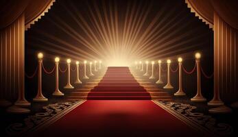 Red Carpet Bollywood Stage. Steps Spot Lights. Golden Royal Awards Graphics Background. photo