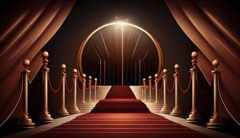 Red Carpet Bollywood Stage. Steps Spot Lights. Golden Royal Awards Graphics Background. photo