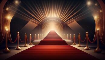 Red Carpet Bollywood Stage. Steps Spot Lights. Golden Royal Awards Graphics Background. photo