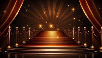 Red Carpet Bollywood Stage. Steps Spot Lights. Golden Royal Awards Graphics Background. photo