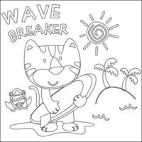 Vector illustration of cute little animal with a surfboard, Childish design for kids activity colouring book or page.