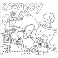 vector illustration of Cute animal cowboy with lasso and and horse. Childish design for kids activity colouring book or page.