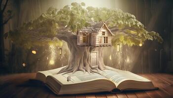 a treehouse built around a giant book. photo