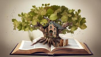 un casa del árbol construido alrededor un gigante libro. generativo ai foto