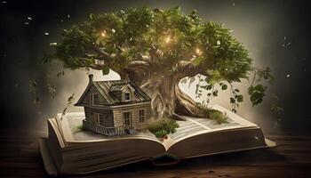 un casa del árbol construido alrededor un gigante libro. generativo ai foto