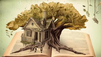 a treehouse built around a giant book. photo