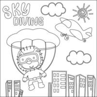 Vector cartoon illustration of skydiving with litlle animal with cartoon style Childish design for kids activity colouring book or page.