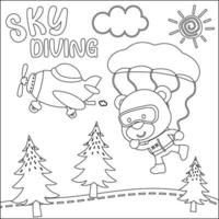 Vector cartoon illustration of skydiving with litlle animal with cartoon style Childish design for kids activity colouring book or page.