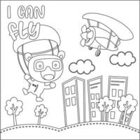 Vector cartoon illustration of skydiving with litlle animal with cartoon style Childish design for kids activity colouring book or page.