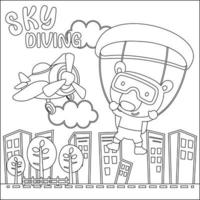 Vector cartoon illustration of skydiving with litlle animal with cartoon style Childish design for kids activity colouring book or page.