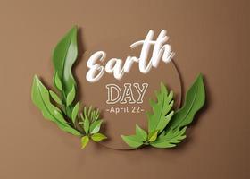 3d Rendering. Earth day concept. paper cut planet earth and green leaf on a brown background. photo