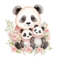 Cute watercolor panda family, png