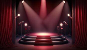 Stage for a show or TV entertainment with microphone, stairs, red curtains, spotlights, illumination and decor. photo