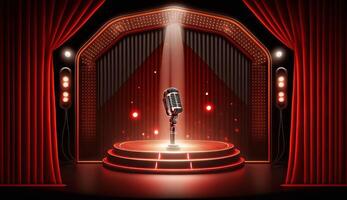 Stage for a show or TV entertainment with microphone, stairs, red curtains, spotlights, illumination and decor. photo