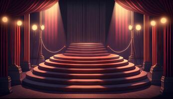 Stage for a show or TV entertainment with microphone, stairs, red curtains, spotlights, illumination and decor. photo