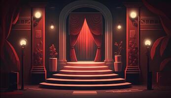 Stage for a show or TV entertainment with microphone, stairs, red curtains, spotlights, illumination and decor. photo