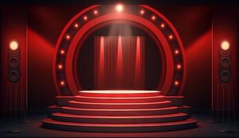 Stage for a show or TV entertainment with microphone, stairs, red curtains, spotlights, illumination and decor. photo