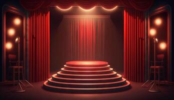 Stage for a show or TV entertainment with microphone, stairs, red curtains, spotlights, illumination and decor. photo