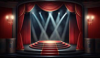 Stage for a show or TV entertainment with microphone, stairs, red curtains, spotlights, illumination and decor. photo