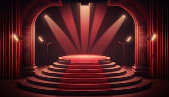 Stage for a show or TV entertainment with microphone, stairs, red curtains, spotlights, illumination and decor. photo