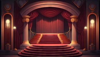 Stage for a show or TV entertainment with microphone, stairs, red curtains, spotlights, illumination and decor. photo