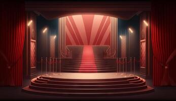 Stage for a show or TV entertainment with microphone, stairs, red curtains, spotlights, illumination and decor. photo