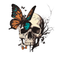 Human Skull with Butterflies, PNG Illustration, Transparent