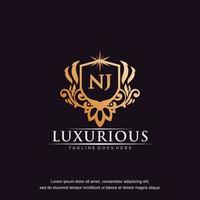 NJ initial letter luxury ornament gold monogram logo template vector art.