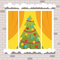 vector imagen de un decorado Navidad árbol visto mediante el ventana