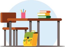 vector imagen de un de madera escritorio con un colegio bolso y libros