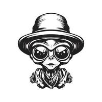 alien in scout hat, vintage logo concept black and white color, hand drawn illustration vector